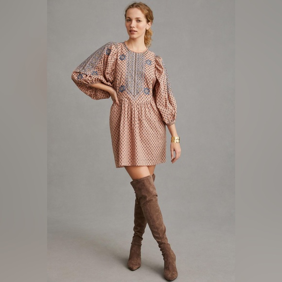 XL Anthropologie Embroidered Tunic Mini Dress - Peach - Picture 4 of 5